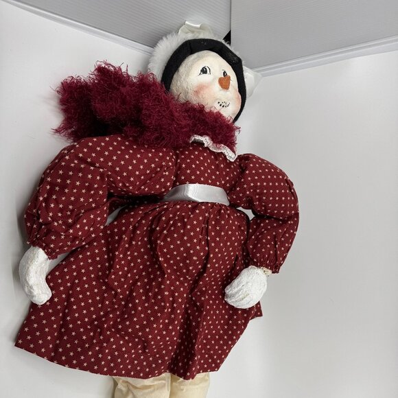 Hand Made Paper Mache Snow Girl Hand Made Shoes Face and Hands Red Dress - Picture 5 of 7